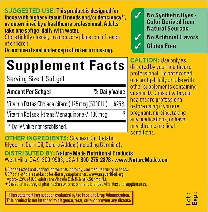 Nature Made Vitamin D3 K2 Supplement, 5000 IU (125 mcg) Vitamin D for Bone, Teeth, Muscle and Immune Support, 30 D3 and K2 Softgels, 30 Day Supply