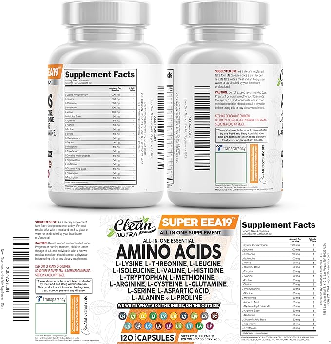 Clean Nutraceuticals Amino Acids Supplement L-Lysine, L-Threonine, L-Leucine, Isoleucine, Valine, L-Histidine, L-Tryptophan, L-Methionine, L-Arginine, L-Cysteine, L-Glutamine, L-Serine, Aspartic Acid