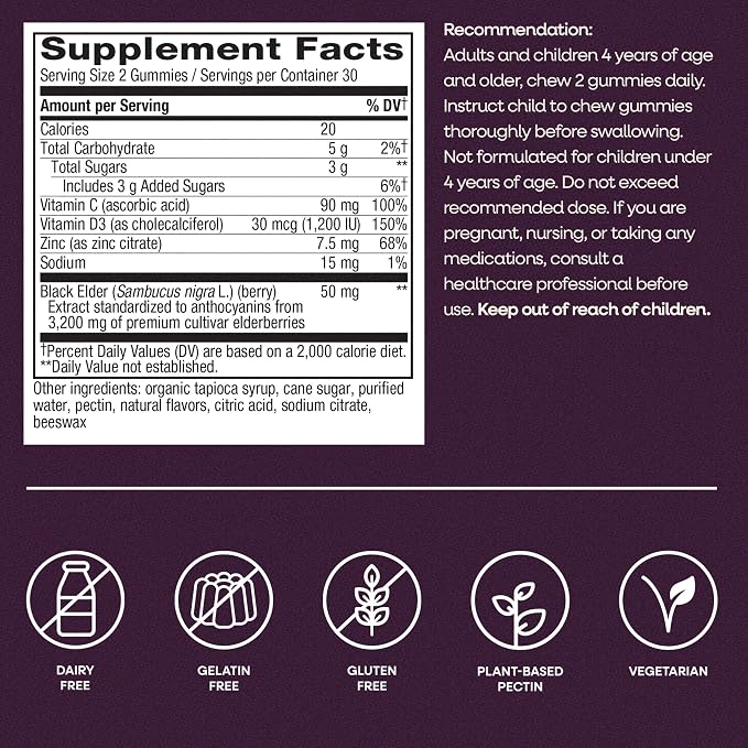 Nature’s Way Sambucus Elderberry Gummies, Immune Support Gummy for Adults & Kids Ages 4+ with Black Elderberry Extract, Vitamin C, Vitamin D3, and Zinc*, 60 Gummies