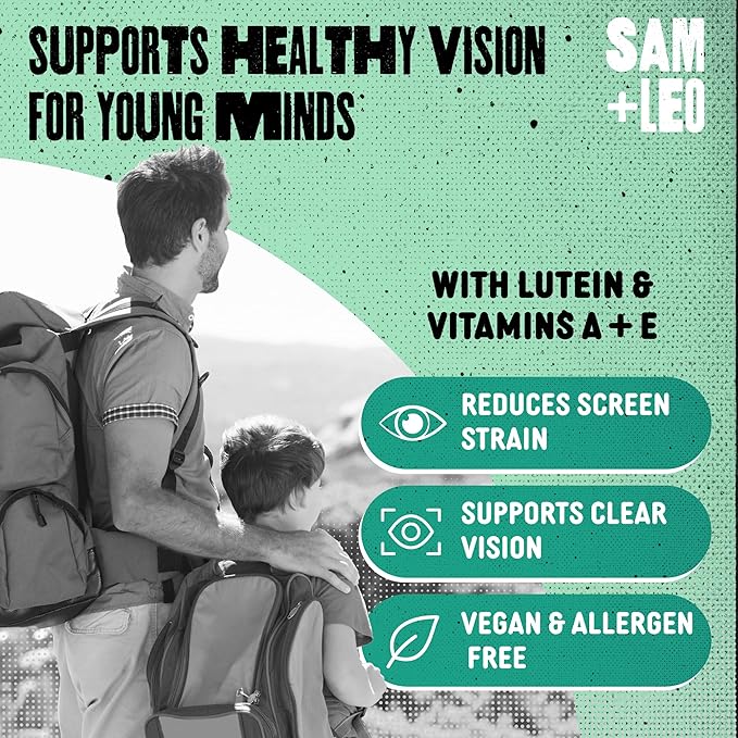SAM+LEO Eye Vitamin Gummies with Lutein & Zeaxanthin for Kids & Teens - Eye & Vision Health Support Supplement Gummies + Vitamins A, E, & C | Vegan & Gluten Free Supplement - Orange Flavor (60 ct)