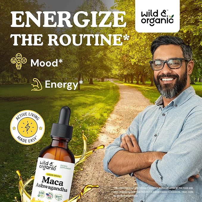 Wild & Organic Maca Ashwagandha Drops for Men and Women - Peruvian Maca Root and Ashwagandha Tincture for Overall Support - Vegan, Sugar & Alcohol-Free Extract Supplement - 2 fl oz
