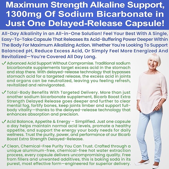 Bicarb Boost Sodium Bicarbonate Capsules Extra Strength 1300mg Organic Use Delayed-Release Sodium Bicarbonate Tablet, Kidney, Alkalinity, Health, Pure Baking Soda Tablet 120 Sodium Pills