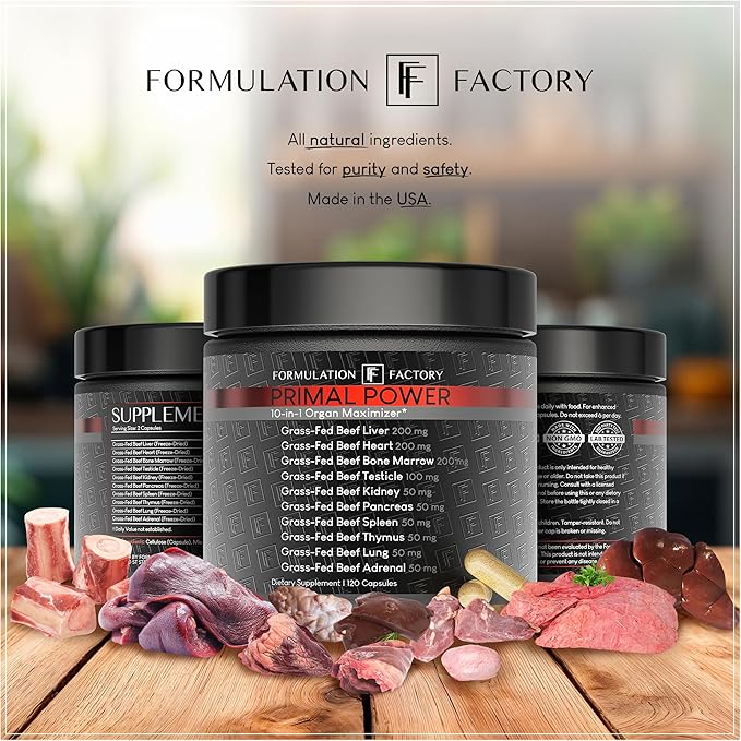 Formulation Factory Primal Power 10-in-1 Beef Organ Supplement - Grass Fed Beef Liver Capsules with Heart, Bone Marrow, Kidney, Testicle - Freeze Dried Organ - 120 Capsules, 2 Month Supply