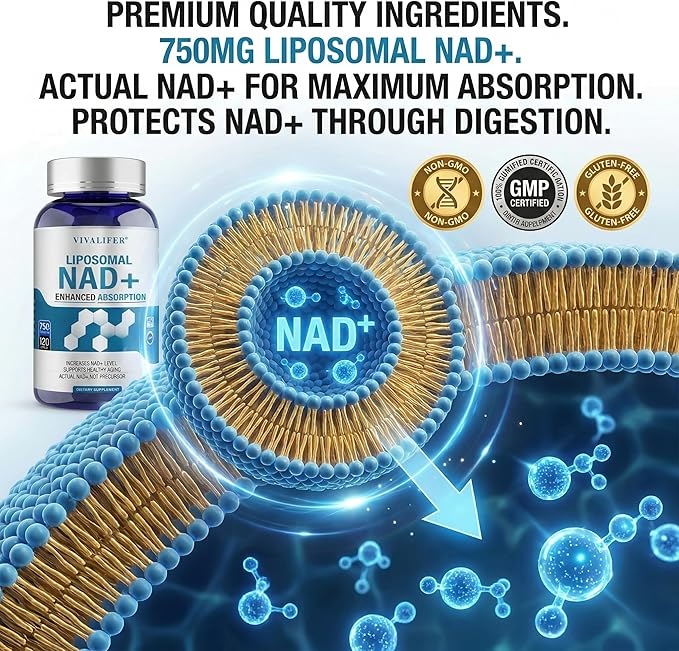 Liposomal NAD+ Supplement 750mg - 120 Capsules NMN Alternative Superior Absorption & Bioavailability -True Nicotinamide Adenine Dinucleotide for Cellular Energy, DNA Repair Support & Healthy Aging