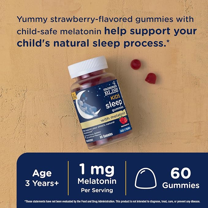 Mommy's Bliss Kids Sleep Melatonin Gummies, No Artificial Colors, Flavors or Gelatin, Strawberry Flavor Children's Melatonin Gummies, Age 3+, 60 Count
