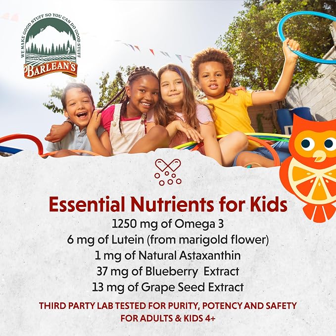 Barlean's Omega 3 Fish Oil Liquid Supplement for Kids, 500 mg of EPA and DHA Fatty Acid for Brain & Eye Health, Hooty Fruity Tangerine, 8 oz, 2 Pack
