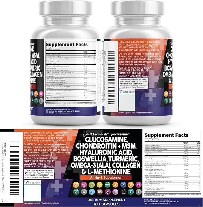 Clean Nutraceuticals Glucosamine 1500mg Chondroitin 1200mg MSM with Turmeric Curcumin, Collagen, Hyaluronic Acid, Omega 3 – Joint Health Supplement for Men & Women – Joint Complex – 120 Count