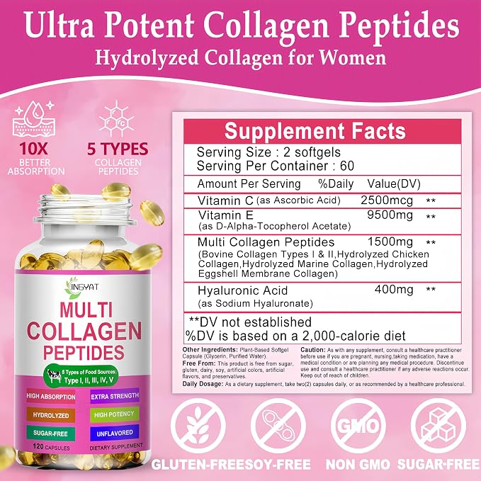 Multi Collagen Peptides Softgels - Hydrolyzed Collagen Peptides For Women & Men with Vitamin C Hyaluronic Acid - High Absorption Collagen Complex for Skin Hair Nail & Joint - Type I, II, III, V, X