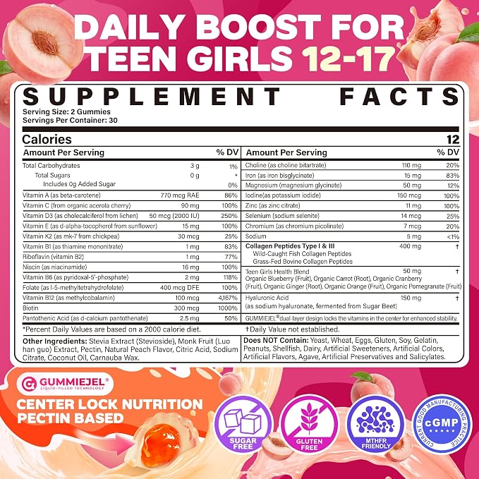 Methylated Multivitamin Gummies for Teen Girls 12-17, Methylfolate, Iron, Collagen, D3 K2, Magnesium, Zinc, Daily Vitamins A C E, B Complex for Teenager Growth, Skin, Bone, Energy - Sugar Free, 60 Cts