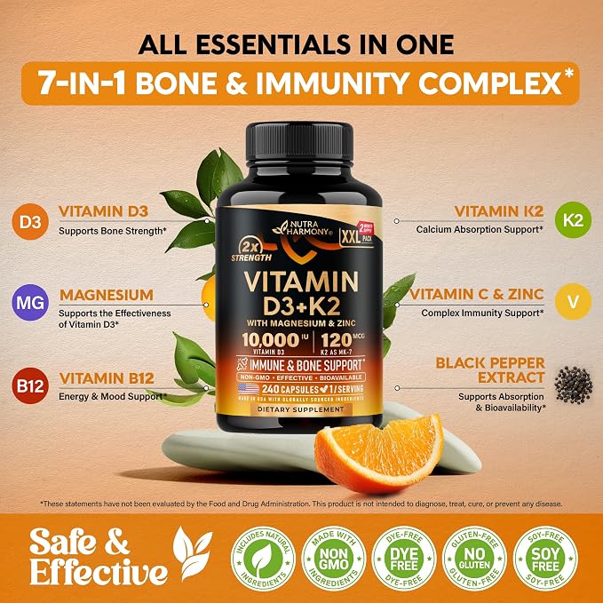 Vitamin D3 K2 - Vitamin D3 10000 iu & K2 as MK-7 120 mcg - Immune & Mood Support, for Bone & Teeth Health - with Magnesium, Zinc & Vitamin C & B12 - Highly Bioavailable - Made in USA, 240 Capsules