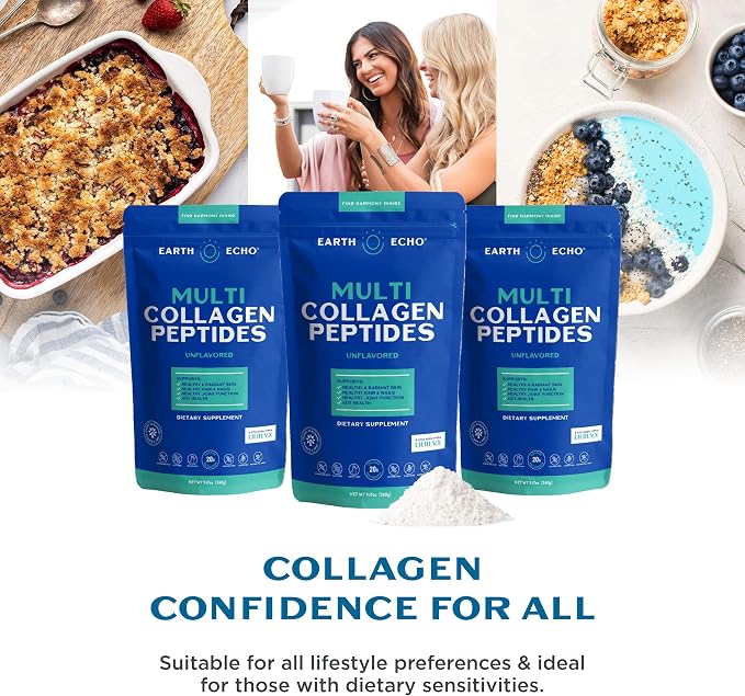 Earth Echo Multi Collagen Peptides Powder - Unflavored Hydrolyzed Collagen with Vitamin C & Hyaluronic Acid for Skin, Joints, Gut & Immunity - Non-GMO, Dairy-Free, Keto-Friendly - 26 Servings