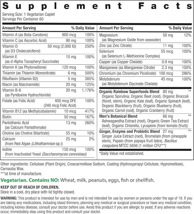 Rainbow Light Mens Multivitamin One + | 60 Caplets | Supports Energy & Antioxidant Health | with Real Food Nutrients, Digestive Enzymes & Probiotics