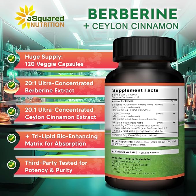 aSquared Nutrition Berberine with Ceylon Cinnamon Supplement - Max Strength Complex - 120 Capsules - Berberine HCl 1200mg Per Serving - Premium Extract Plus Pills Alternative to Gummies & Drops