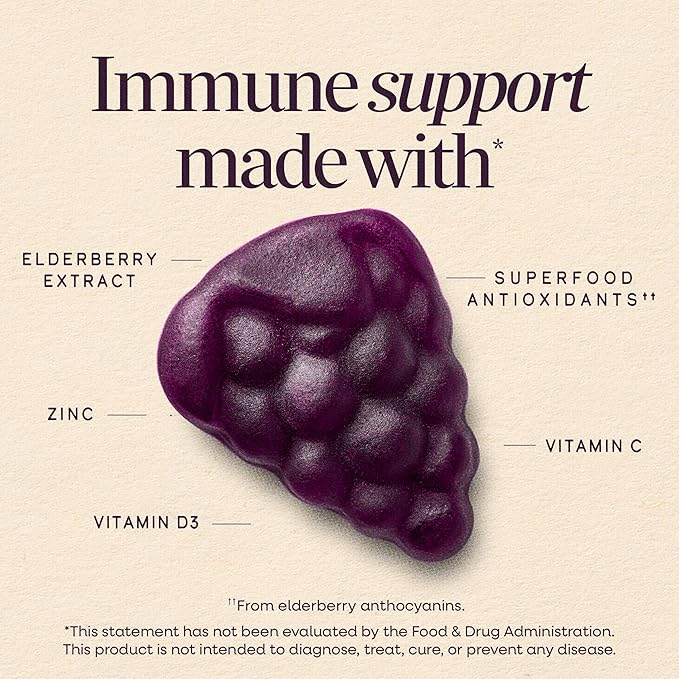 Nature’s Way Sambucus Elderberry Gummies, Immune Support Gummy for Adults & Kids Ages 4+ with Black Elderberry Extract, Vitamin C, Vitamin D3, and Zinc*, 60 Gummies