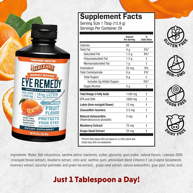 Barlean's Eye Remedy Supplement, Tangerine Flavored Fish Oil Liquid with Lutein, Astaxanthin and Zeaxanthin,1,000mg Omega 3 EPA DHA, Eye Care Supplements, 16 oz