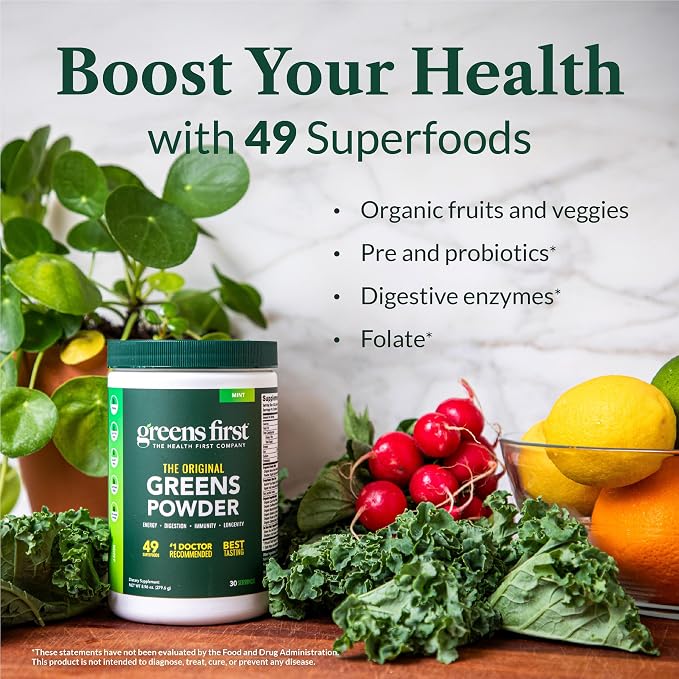 Greens First Original Greens Powder - 49 Superfoods - Organic Fruits & Veggies - Prebiotics, Probiotics & Digestive Enzymes - Antioxidant Smoothie - Dairy Free/Vegan/Non-GMO (Citrus, 30 Servings)