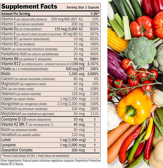 ANDREW LESSMAN Essential-1 nuonce max Multivitamin 5000 IU Vitamin D3 180 Small Capsules. 100 mcg Methyl B12. CoQ10 Lutein Lycopene Zeaxanthin. High Potency. No Additives. Ultra-Mild One Daily Capsule