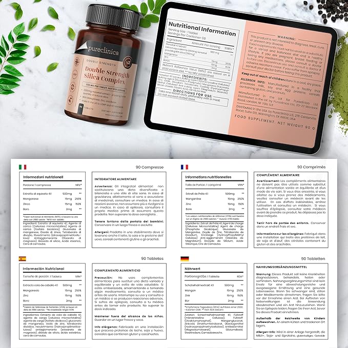 pureclinica Double Strength Silica Complex – 500mg Horsetail Extract (4:1) per Tablet – 180 Tablets (2 Bottles) – 6 Month Supply – with Zinc, Manganese & Boron
