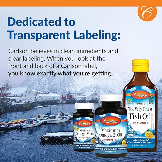 Carlson Salmon Oil, 500mg Omega-3s, Wild-Caught Norwegian Fish Oil, Sustainably Sourced, 50 Softgels