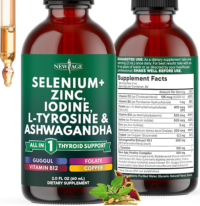 Thyroid Support Drops - Selenium, Zinc, Iodine, L Tyrosine, Ashwagandha, Turmeric, Schisandra Guggu, Cayenne, Basil - Liquid Supplement Folate Copper Alcohol -Free, Vegan, Non-GMO – 2 oz