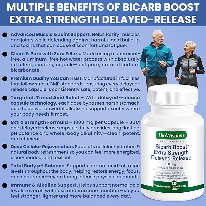 Bicarb Boost Sodium Bicarbonate Capsules Extra Strength 1300mg Organic Use Delayed-Release Sodium Bicarbonate Tablet, Kidney, Alkalinity, Health, Pure Baking Soda Tablet 120 Sodium Pills