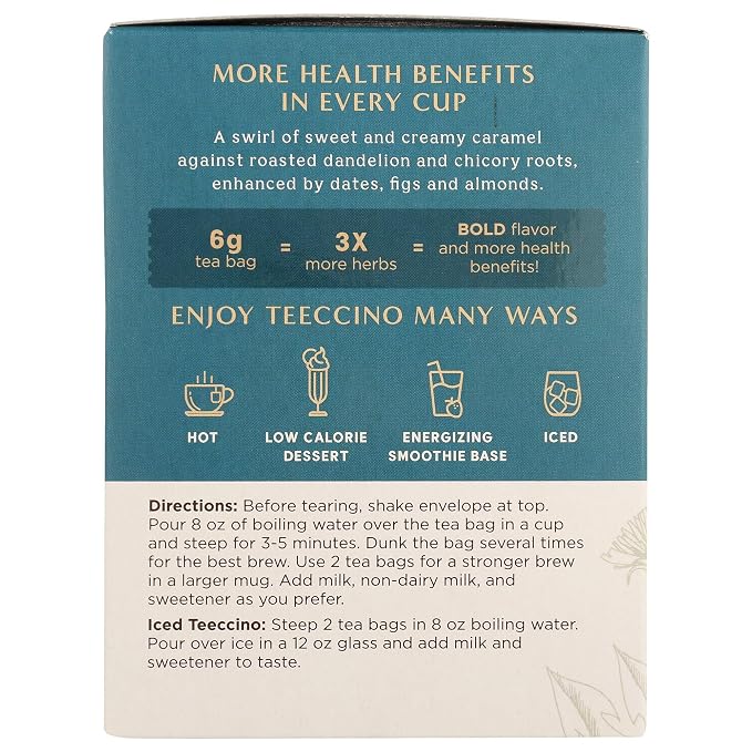 Teeccino Dandelion Caramel Nut Tea - Caffeine Free, Roasted Herbal Tea with Prebiotics, 3x More Herbs than Regular Tea Bags, Gluten Free - 10 Tea Bags (Pack of 4)