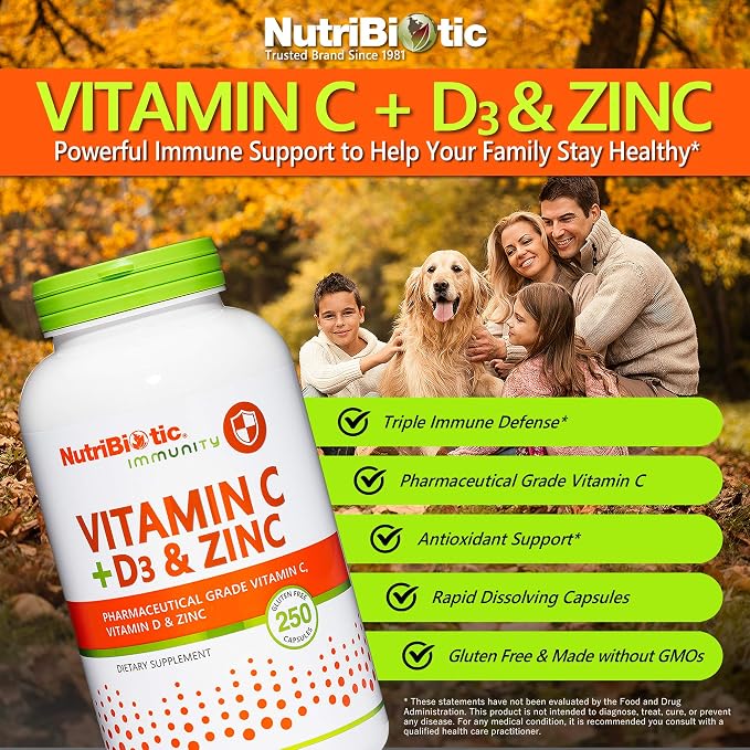 NutriBiotic – Vitamin C + Vitamin D3 & Zinc, 250 Capsules | Potent, Comprehensive Immune Support | Essential & Antioxidant Daily Supplement | Gluten & GMO Free (Pack of 2)