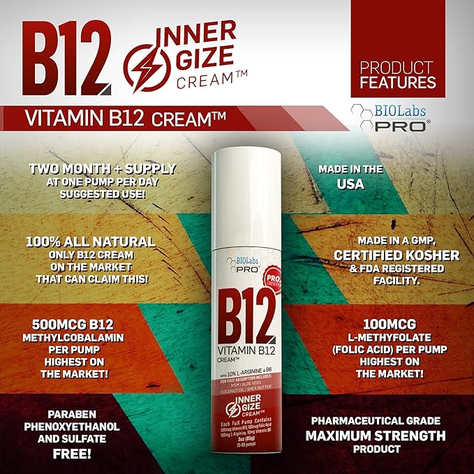 BIOLABS PRO INNERGIZE B12 Cream - All Natural Topical B12 w/B6 & 10% L-Arginine - Advanced Neurological & PreWorkout Support - Professional Grade Methyl B12 - B6