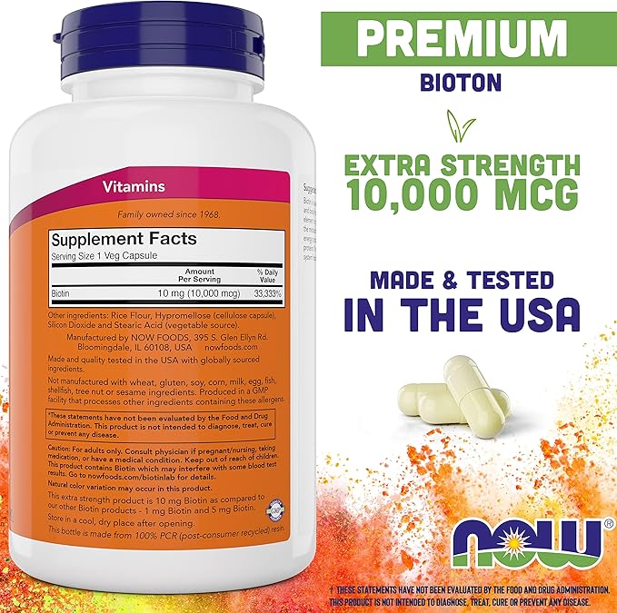 NOW Foods Extra Strength Biotin 10,000mcg / 10 mg - 200 Veg Capsules (Pack of 2) - Hair, Skin, Nail - Supplement for Men and Women - B7 Vitamin - Vegetarian, Vegan, Non-GMO