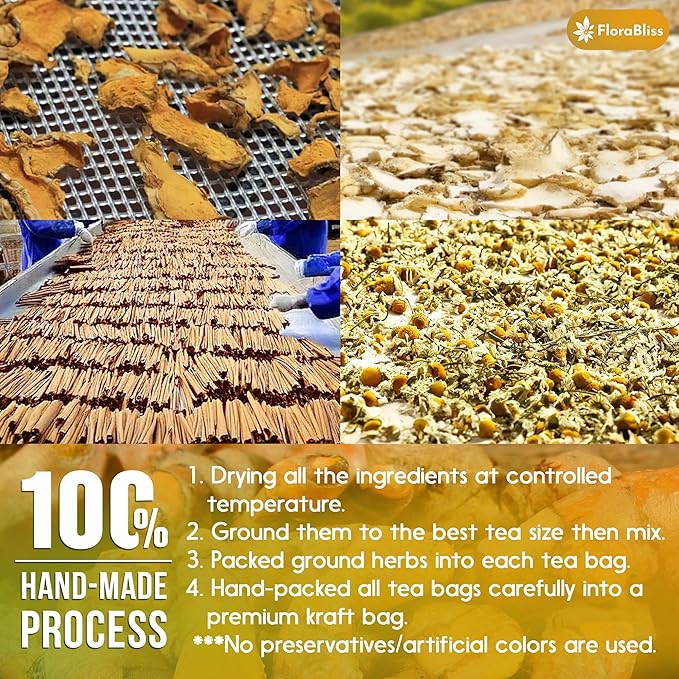 FloraBliss 50 Bags Premium Turmeric, Ginger, and Cinnamon Tea with Chamomile, Extra Strength 2.2g/Bag, 100% Natural, Caffeine-Free, Vegan, Eco-Friendly, Supports Digestion, Relaxation