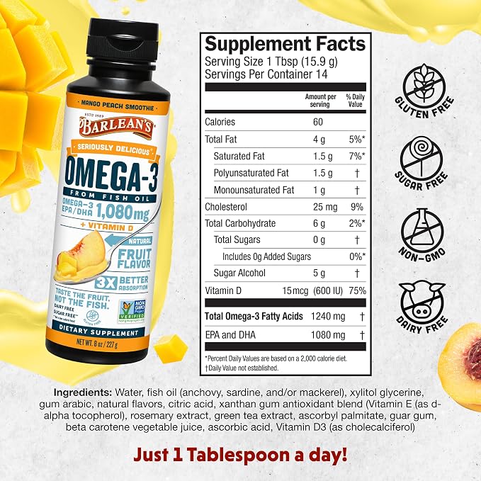 Barlean's Omega 3 Fish Oil Liquid Supplement with Vitamin D for Men and Women, 1080mg of EPA and DHA Fatty Acid, Promotes Brain & Heart Health - Non-GMO, Mango Peach, 8 oz