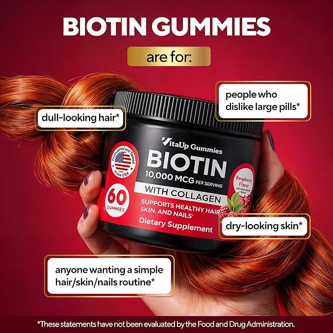 VitaUp Biotin Gummies 10000mcg for Women and Men - Extra Strength Hair, Skin and Nails Gummies with Collagen - Natural Biotin Gummy Supplement for Hair, Skin, Nails Support - 60 ct