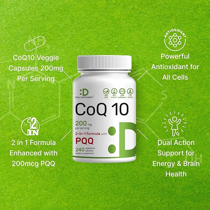 DEAL SUPPLEMENT CoQ10 200mg with PQQ 200mcg, 240 Veggie Capsules | Bioavailable Coenzyme Q10 Complex | Supports Heart, Energy & Brain Health | Antioxidant Support | Non-GMO
