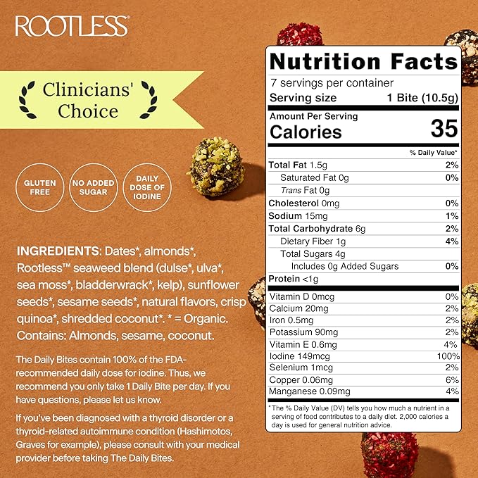Rootless Seaweed Daily Bites – Cacao Crunch & Coconut Chai – 2 Week Supply for Hormone & Thyroid Health | 100% Daily Iodine, Whole Food Ingredients – 2 Pack