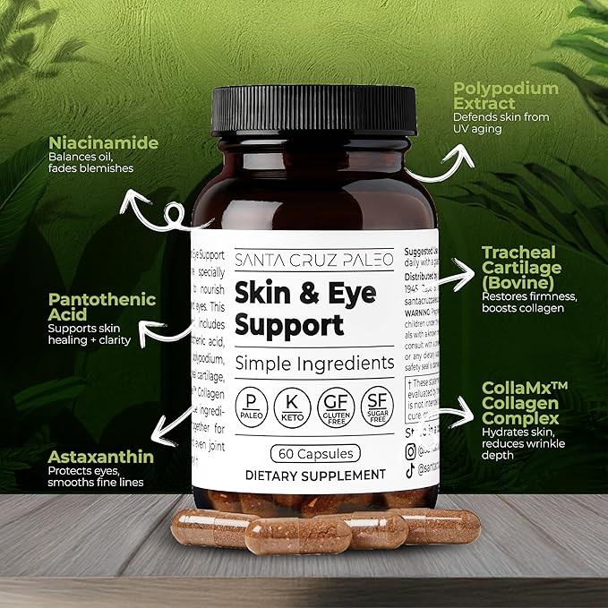 Santa Cruz Paleo Skin & Eye Capsules, Simple Daily Formula for Skin Appearance & Eye Routine, Clean Ingredients, Gluten Free, Keto & Paleo Friendly, 60 Capsules