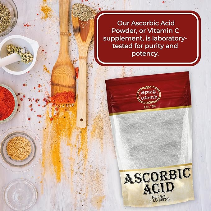 Spicy World Ascorbic Acid 1 LB Bulk Bag - Pure Vitamin C Powder - 100% Pure, Food Grade, Can be Used for Canning, Fruit, Pools - USP Grade