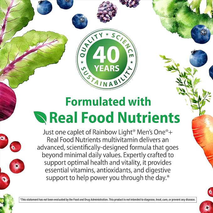 Rainbow Light Mens Multivitamin One + | 60 Caplets | Supports Energy & Antioxidant Health | with Real Food Nutrients, Digestive Enzymes & Probiotics