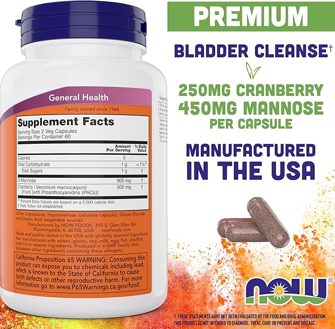 NOW Foods Mannose Cranberry, 120 Capsules (Pack of 2) - with PAC - 450mg dMannose, 250mg Whole Cranberry - Urinary Tract Health* - Vegan Friendly Supplement, Non-GMO