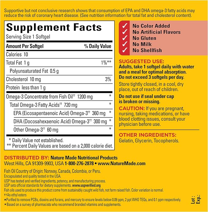 Nature Made Fish Oil Omega 3 Supplements, Omega 3 Fish Oil as Ethyl Esters 1200 mg Softgels, EPA DHA Supplement for Healthy Heart, Brain, Eye Support, One Per Day, 100 Softgels