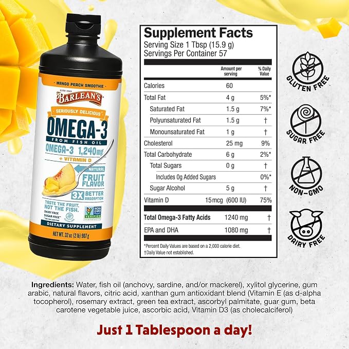 Barlean's Omega 3 Fish Oil Liquid Supplement with Vitamin D for Men and Women, 1080mg of EPA and DHA Fatty Acid, Promotes Brain & Heart Health - Non-GMO, Mango Peach, 32 oz