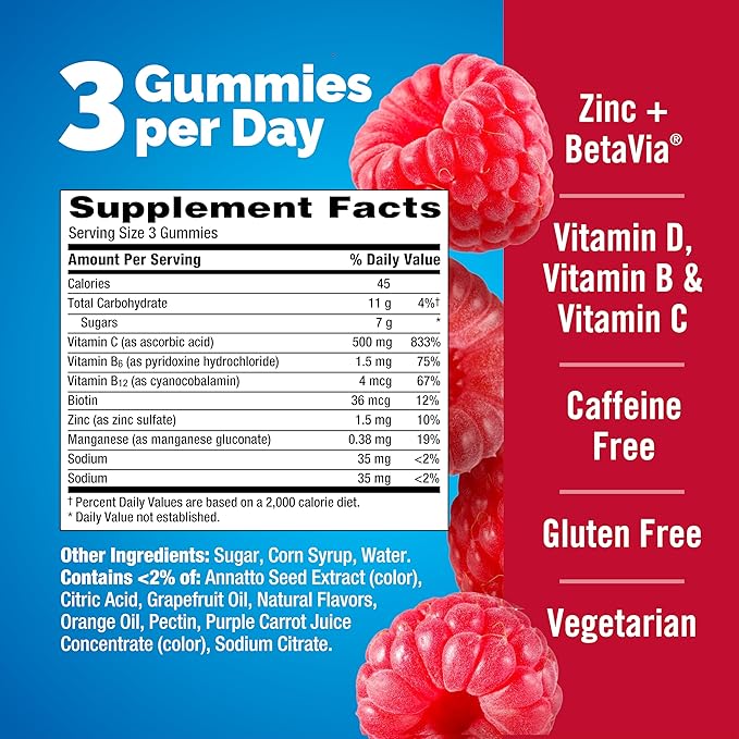 Emergen-C Immune+ Triple Action Immune Support Gummies, BetaVia (R), 1000mg Vitamin C, B Vitamins, Vitamin D and Antioxidants, Raspberry – 45 Count