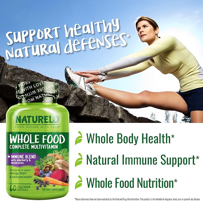NATURELO Whole Food Multivitamin + Immune Blend with Elderberry & Mushrooms - Complete Multivitamin with Extra Immune Support - C, D3, Zinc, Elderberry, Reishi, Shitake - 60 Vegan Capsules