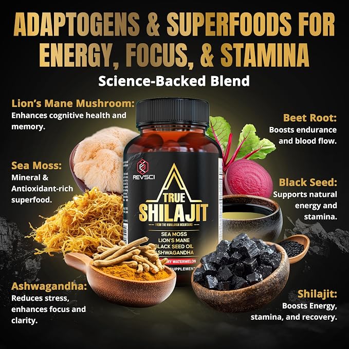 Himalayan Natural Shilajit Gummies for Men – Made in USA, True Gold Pure Himalayan Shilajit for Men Gummies, Energy & Focus Support with Ashwagandha & Sea Moss, Vegan, 60 Count