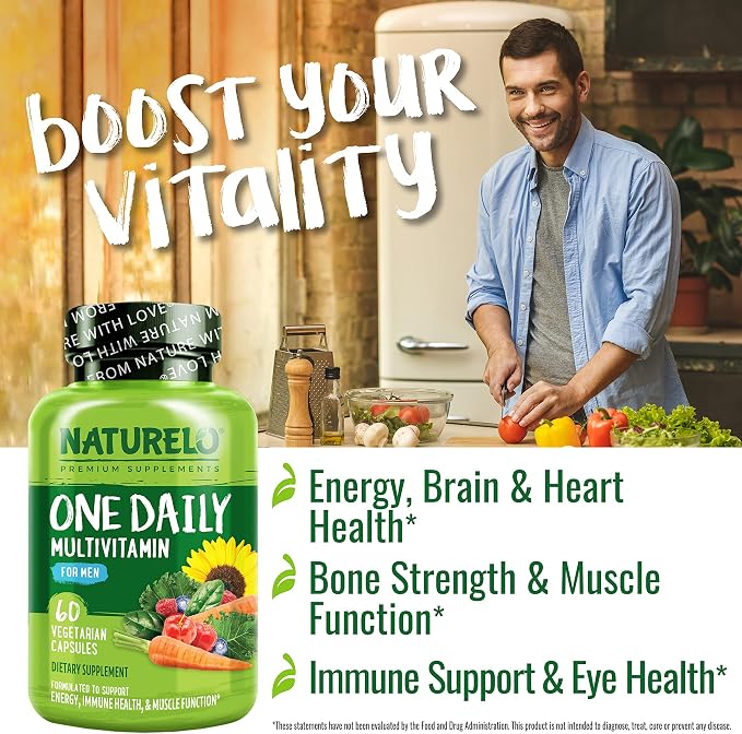 NATURELO Mens Multivitamins - One Daily Multivitamin for Men with Vitamins, Minerals & Organic Whole Foods, Boost Energy & Health, Non-GMO, 60 Vegetarian Capsules