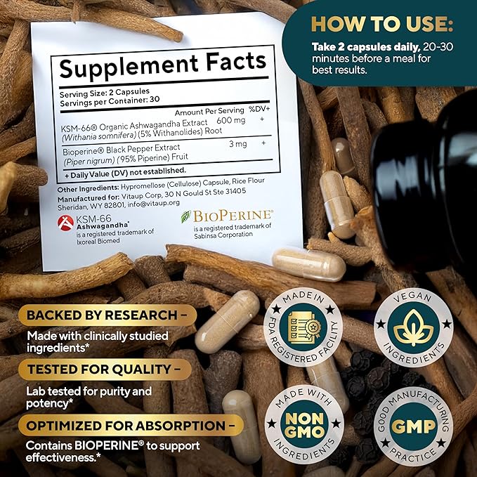 Ashwagandha KSM 66 with Black Pepper - USA Made KSM-66 Ashwagandha Supplements for Energy, Relaxation and Normal Cognitive Function - 60 Caps