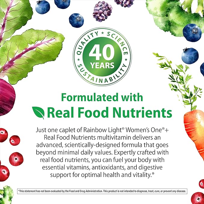 Rainbow Light Womens Multivitamin One + | 60 Caplets | Supports Energy & Antioxidant Health | Real Food Nutrients, Digestive Enzymes & Probiotics