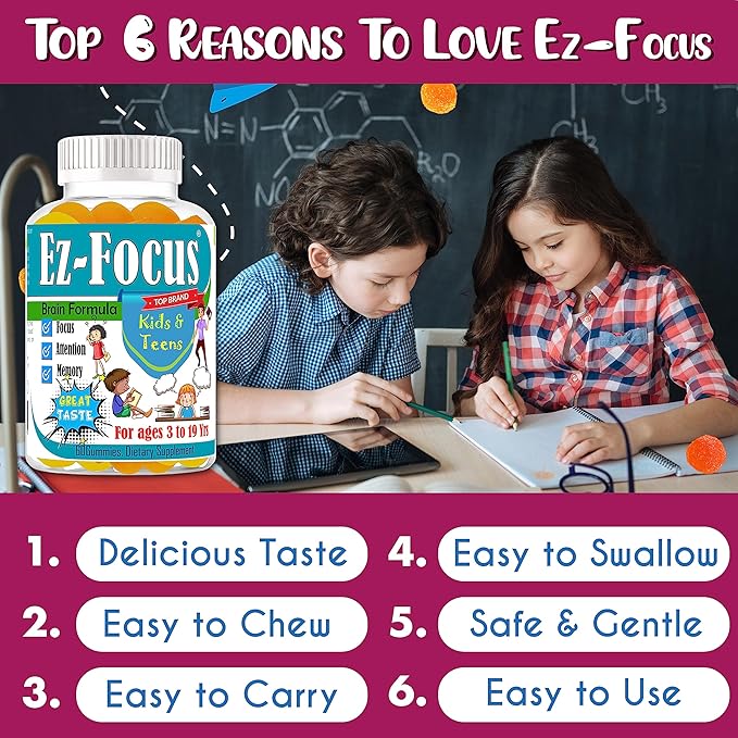 Ez-Focus Gummies for Kids, Teens and Youth – Brain Focus, Memory & Attention Support, DHA & Omega-3 for Kids, Concentration and Focus Supplement, Calm and Study Brain Vitamins 60 ct