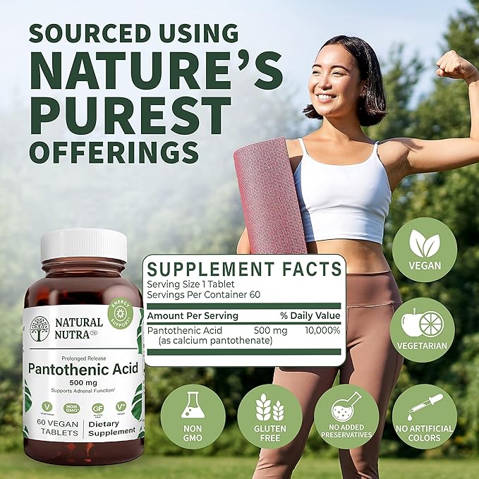 Natural Nutra Time Release Pantothenic Acid 500 mg, Vitamin B5 Supplement Helps Break Down Fat and Carbohydrates, Metabolism and Energy, Improve Muscle Health, Reduce Skin Spots, 60 Vegetarian Tablets