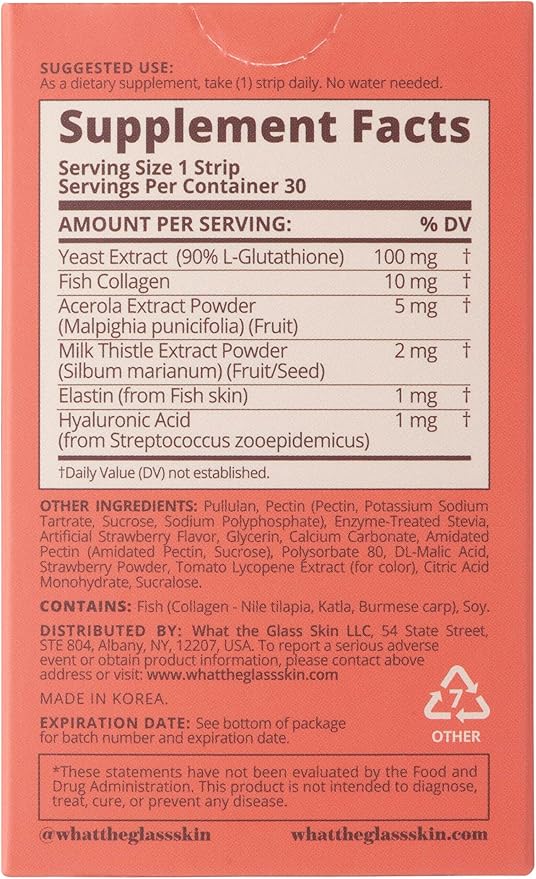 Glutathione Strip 30 Strips x 0.012 oz(344mg) with Collagen, Acerola, Milk Thistle, Hyaluronic Acid, Glutathione Supplement | Fast-Absorption, Skin & Liver Support, Antioxidants