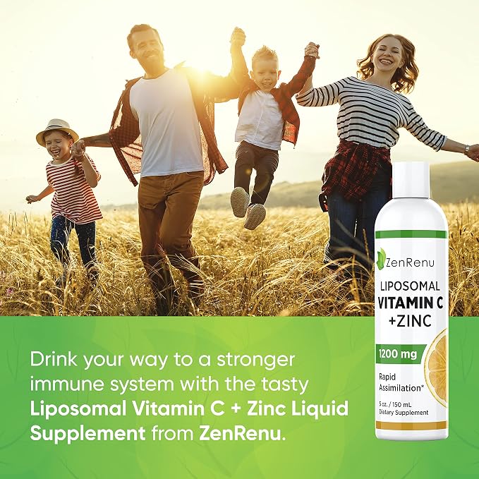 Zenrenu Liposomal Vitamin C and Zinc Liquid Drink for Adults & Kids - Non GMO Sunflower Lecithin - Max Antioxidant & Immune Support, 5 oz / 150 ml